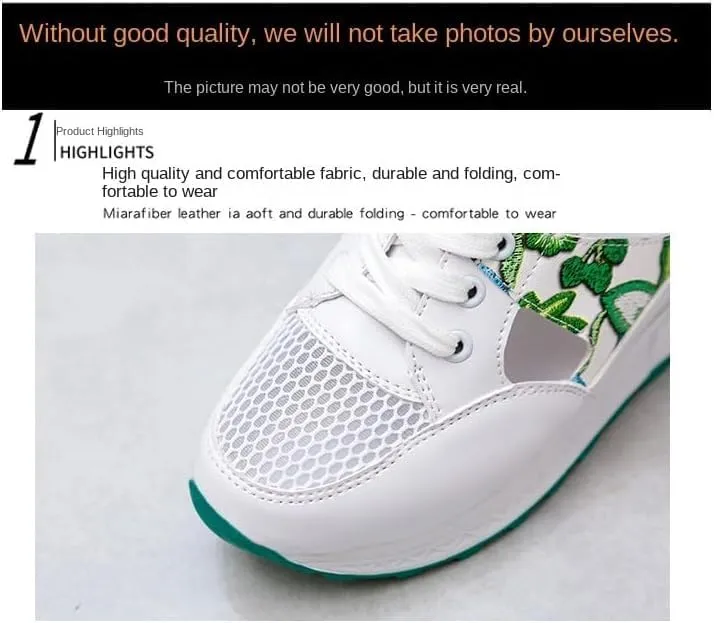 Women's Breathable Wedge Sports Sandals - Lace-Up Comfortable Casual Trainers with Thick Sole and Leaf Embroidery, Lightweight Mesh Walking Shoes