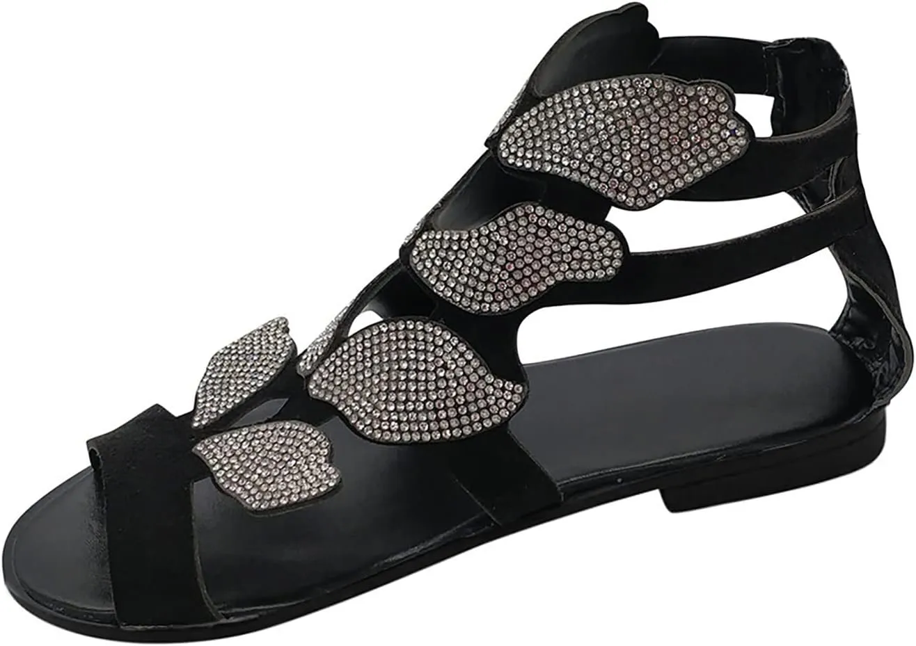 Women's Comfort Dressy Rhinestone Summer Beach Sandals Slip-on Flat Walking Orthopedic Back Zipper For Women Open Toe Sandal Comfortable Strappy Slip on Slide Low Heel Casual Wedding Shoes for Bride