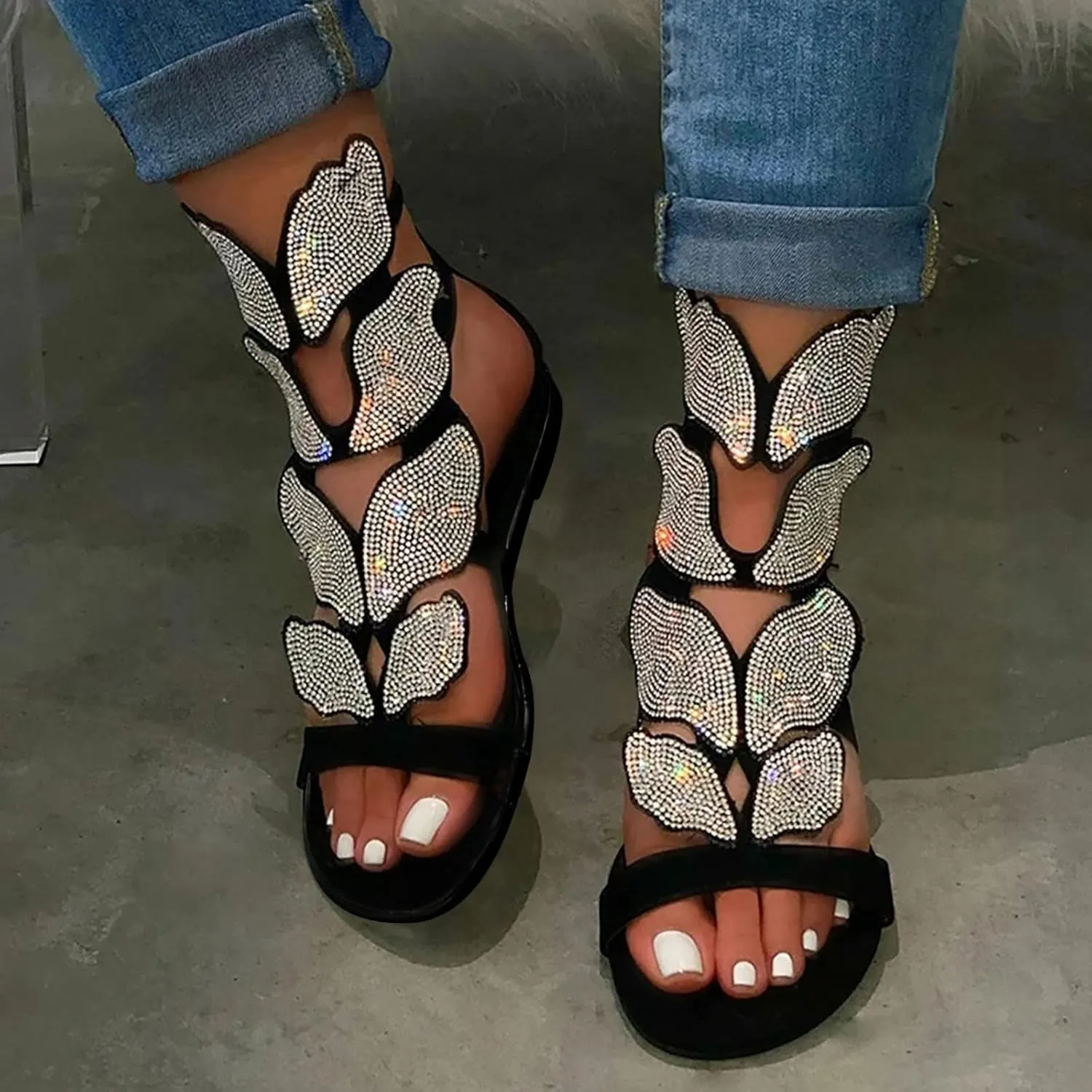 Women's Comfort Dressy Rhinestone Summer Beach Sandals Slip-on Flat Walking Orthopedic Back Zipper For Women Open Toe Sandal Comfortable Strappy Slip on Slide Low Heel Casual Wedding Shoes for Bride