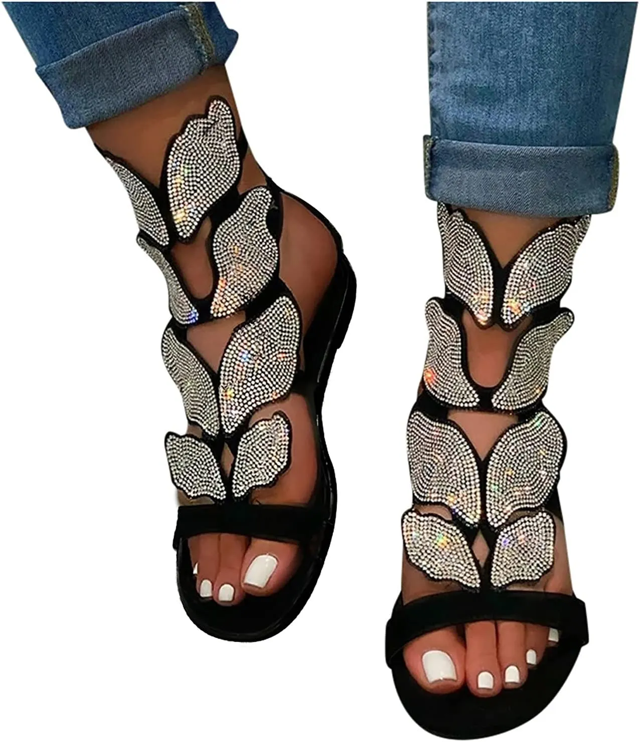Women's Comfort Dressy Rhinestone Summer Beach Sandals Slip-on Flat Walking Orthopedic Back Zipper For Women Open Toe Sandal Comfortable Strappy Slip on Slide Low Heel Casual Wedding Shoes for Bride