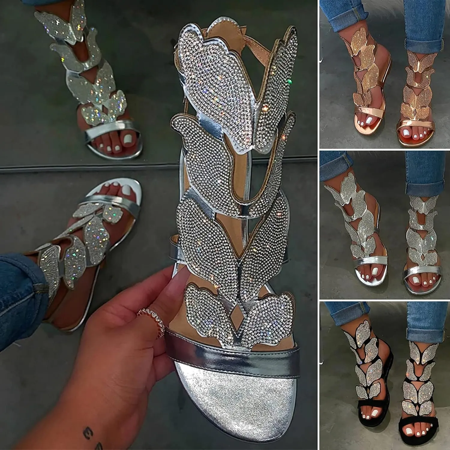 Women's Comfort Dressy Rhinestone Summer Beach Sandals Slip-on Flat Walking Orthopedic Back Zipper For Women Open Toe Sandal Comfortable Strappy Slip on Slide Low Heel Casual Wedding Shoes for Bride