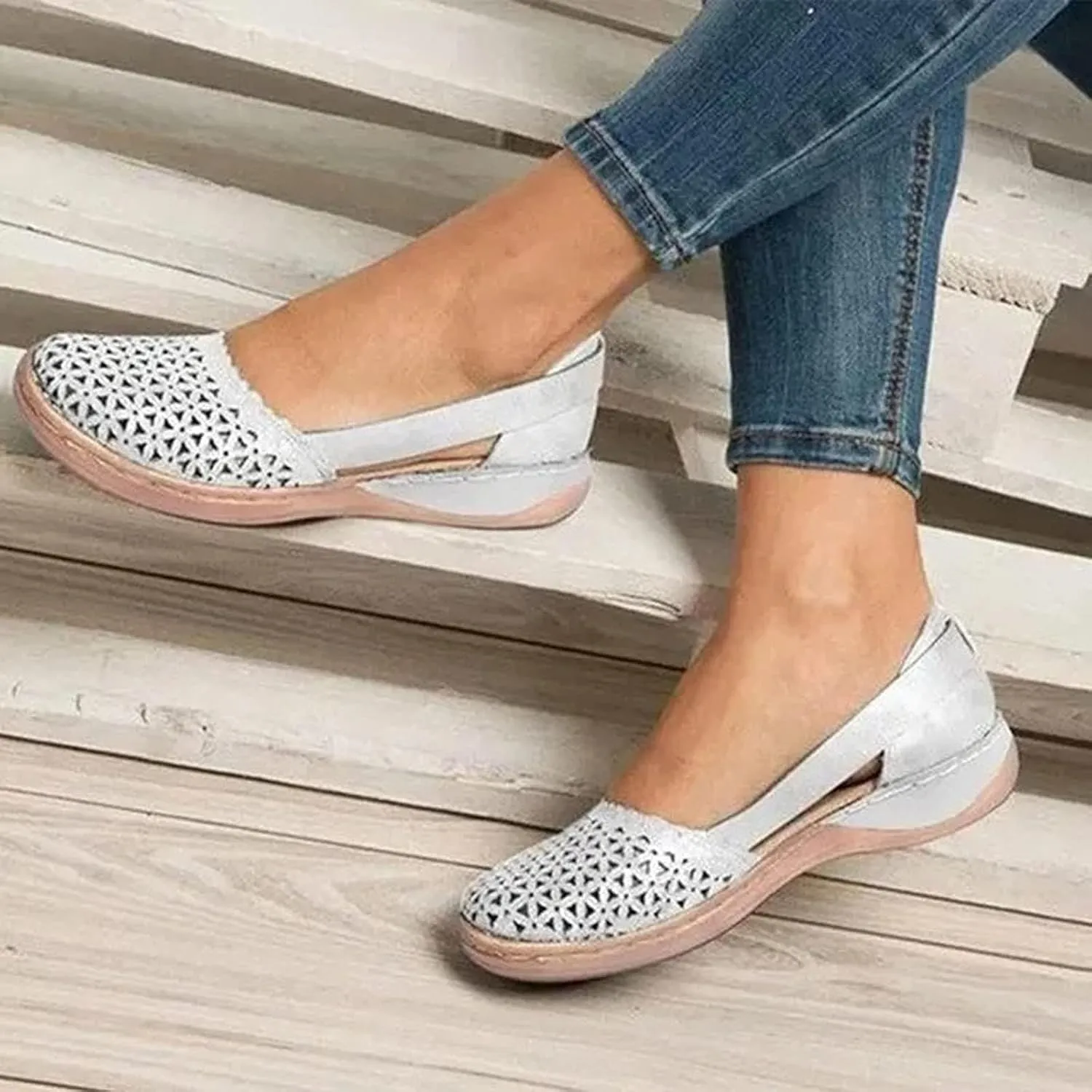 Womens Fusaro Shoes Leather Baotou Hollow Wedge Sandals Round Toe Platform Loafers Fashion Closed Toe Flat Sandal Lightweight Flat Sole Walking Shoes
