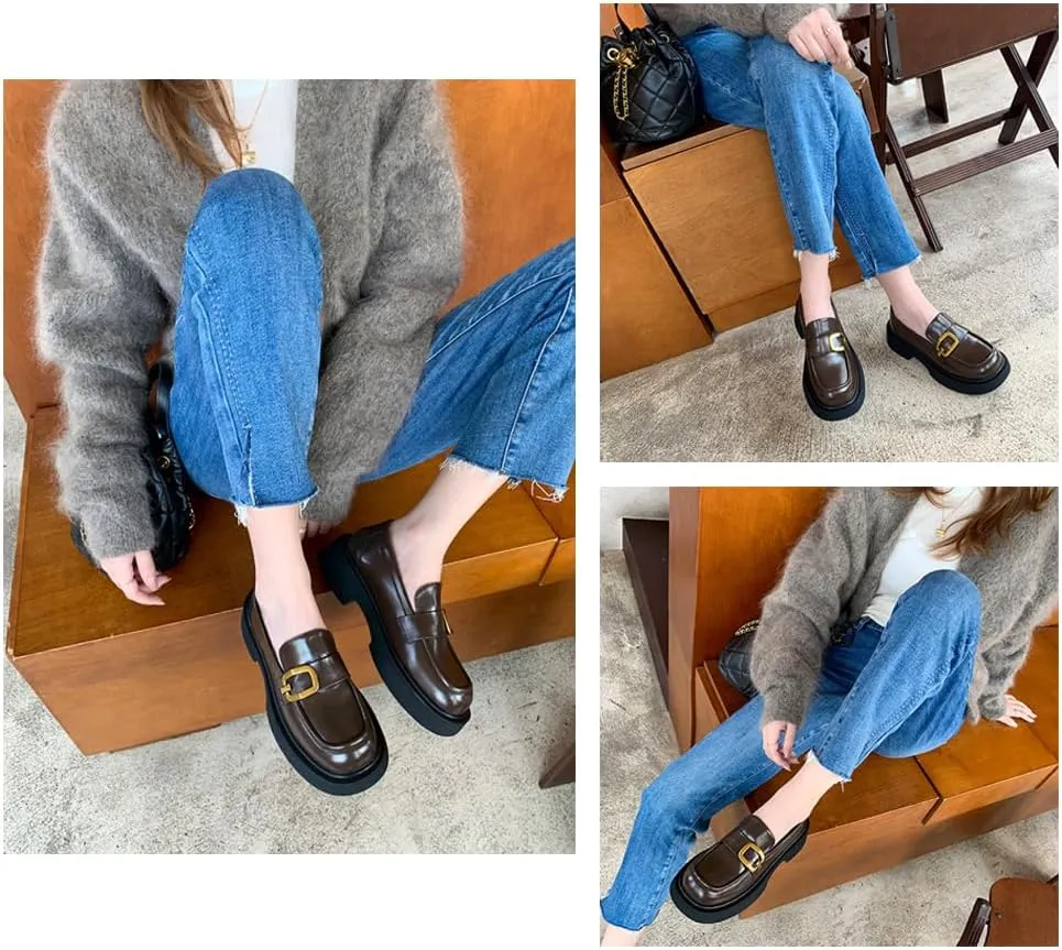 Women's Genuine Leather Platform Loafers,Mid Slip On Ladies Comfortable Daily Casual Shoes Fashion Business Dress Shoes All Weather Daily Wear Flats
