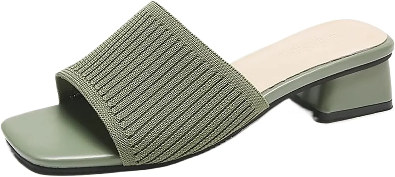 Women's Heeled Sandals Breathable Open Toe Mules Block Slip On Slides Chunky Square Heels Slides Sandal