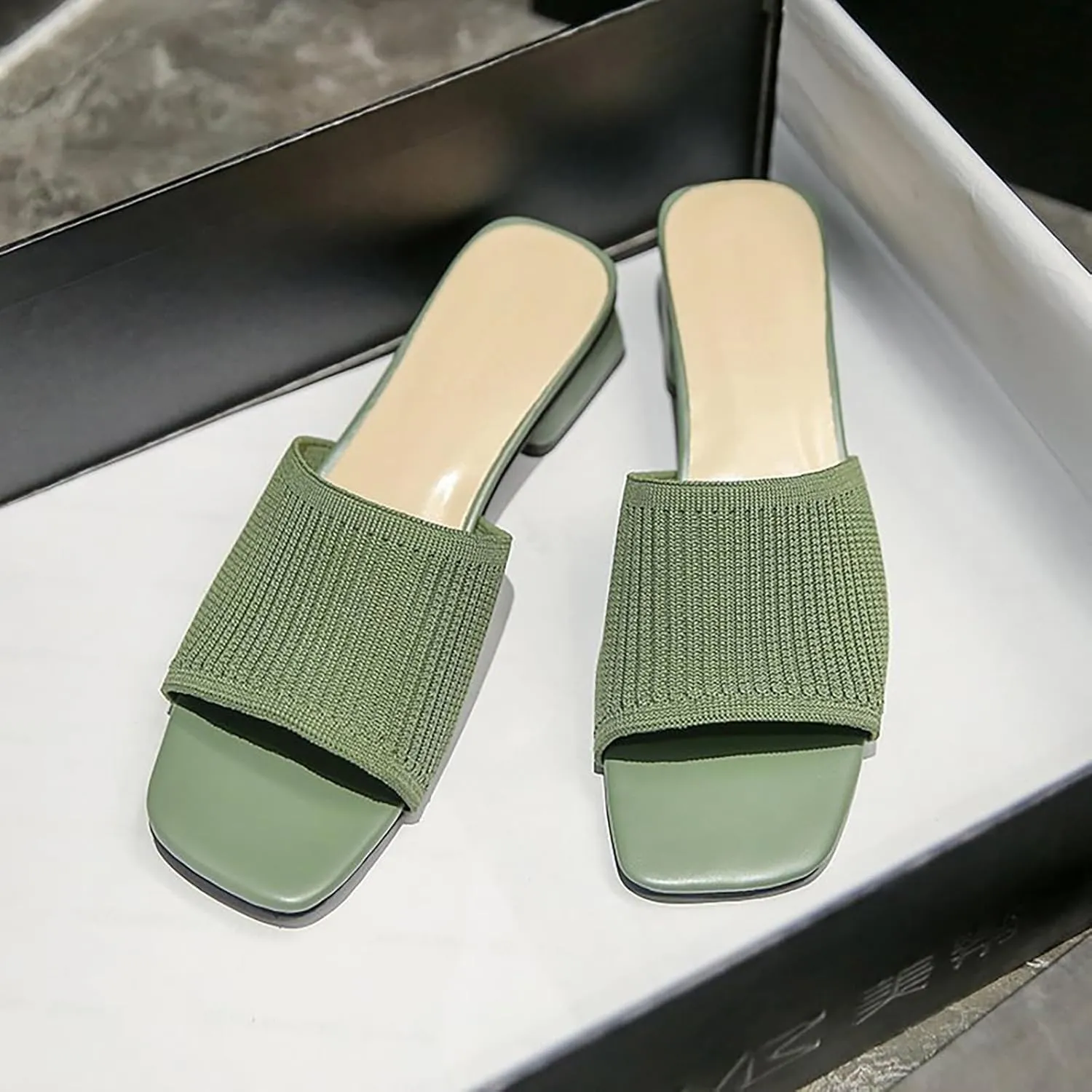 Women's Heeled Sandals Breathable Open Toe Mules Block Slip On Slides Chunky Square Heels Slides Sandal