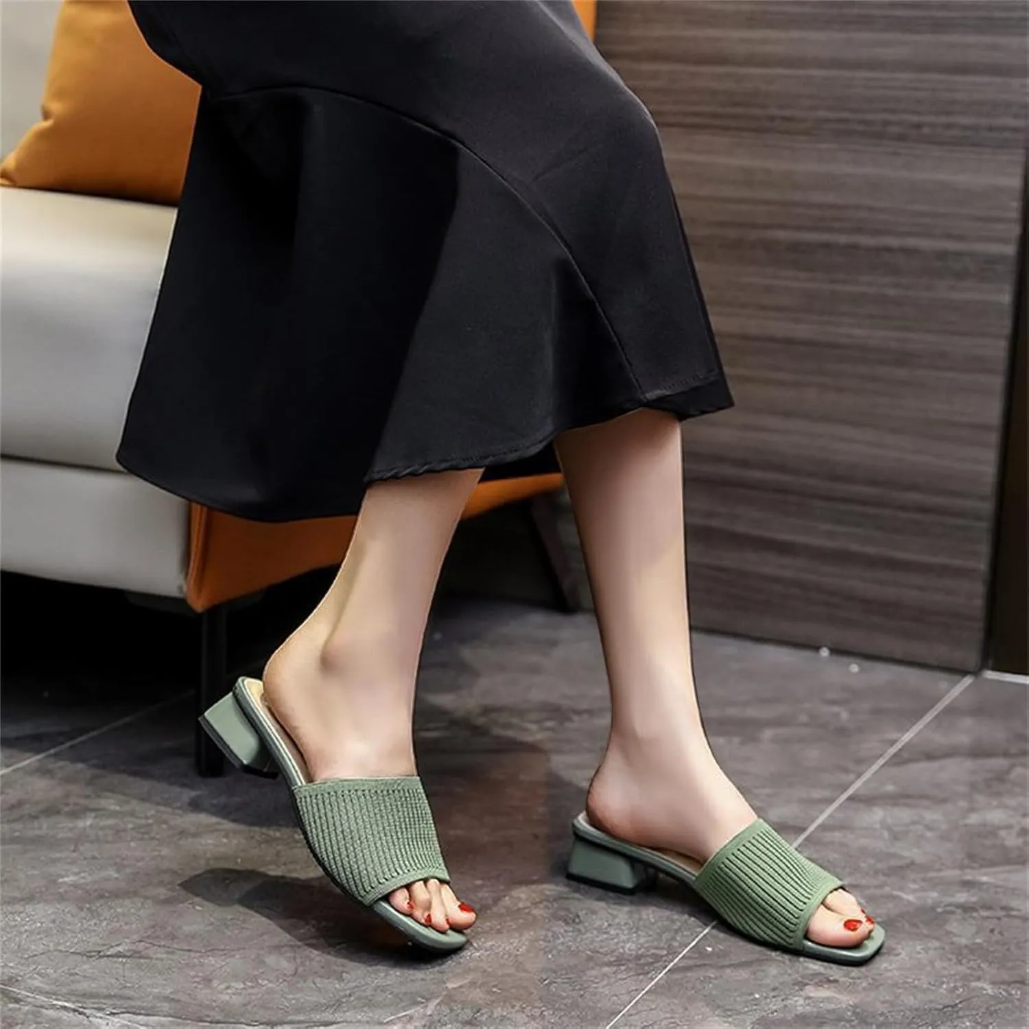 Women's Heeled Sandals Breathable Open Toe Mules Block Slip On Slides Chunky Square Heels Slides Sandal