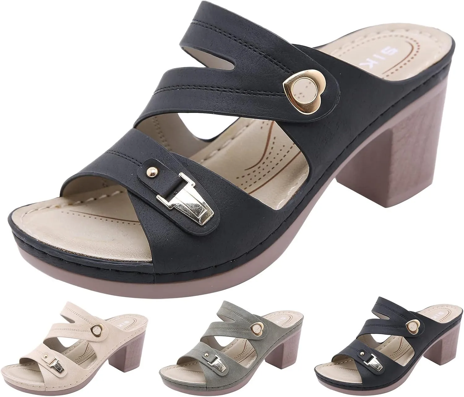 Women's Heeled Sandals Chunky Open Toe Low Block Heels Dressy Slides Comfy Slip On Womens Mid Ankle Strap Summer Sandal Comfortable Casual Slippers Dress Backless Mules Slide Walking Shoes