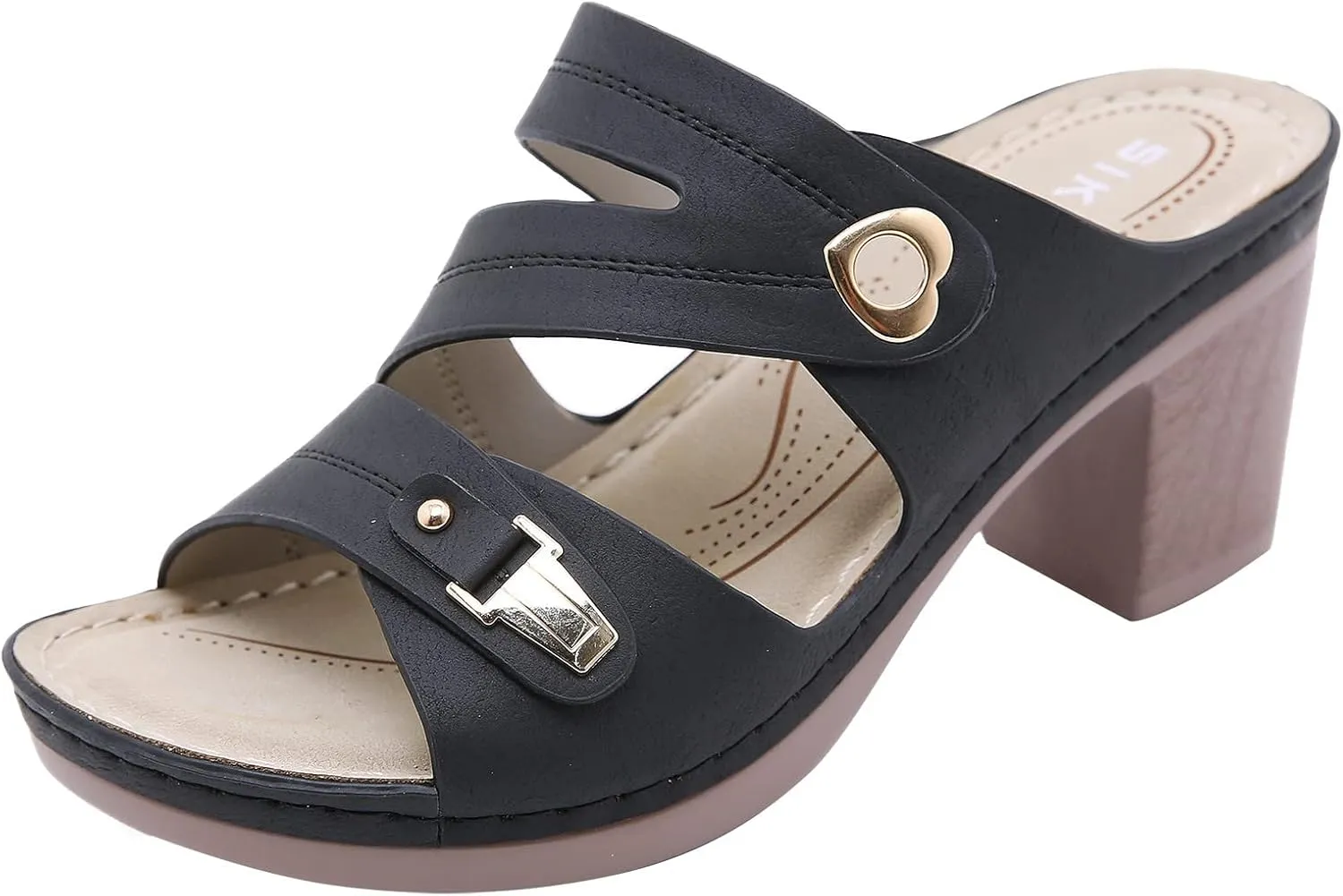 Women's Heeled Sandals Chunky Open Toe Low Block Heels Dressy Slides Comfy Slip On Womens Mid Ankle Strap Summer Sandal Comfortable Casual Slippers Dress Backless Mules Slide Walking Shoes