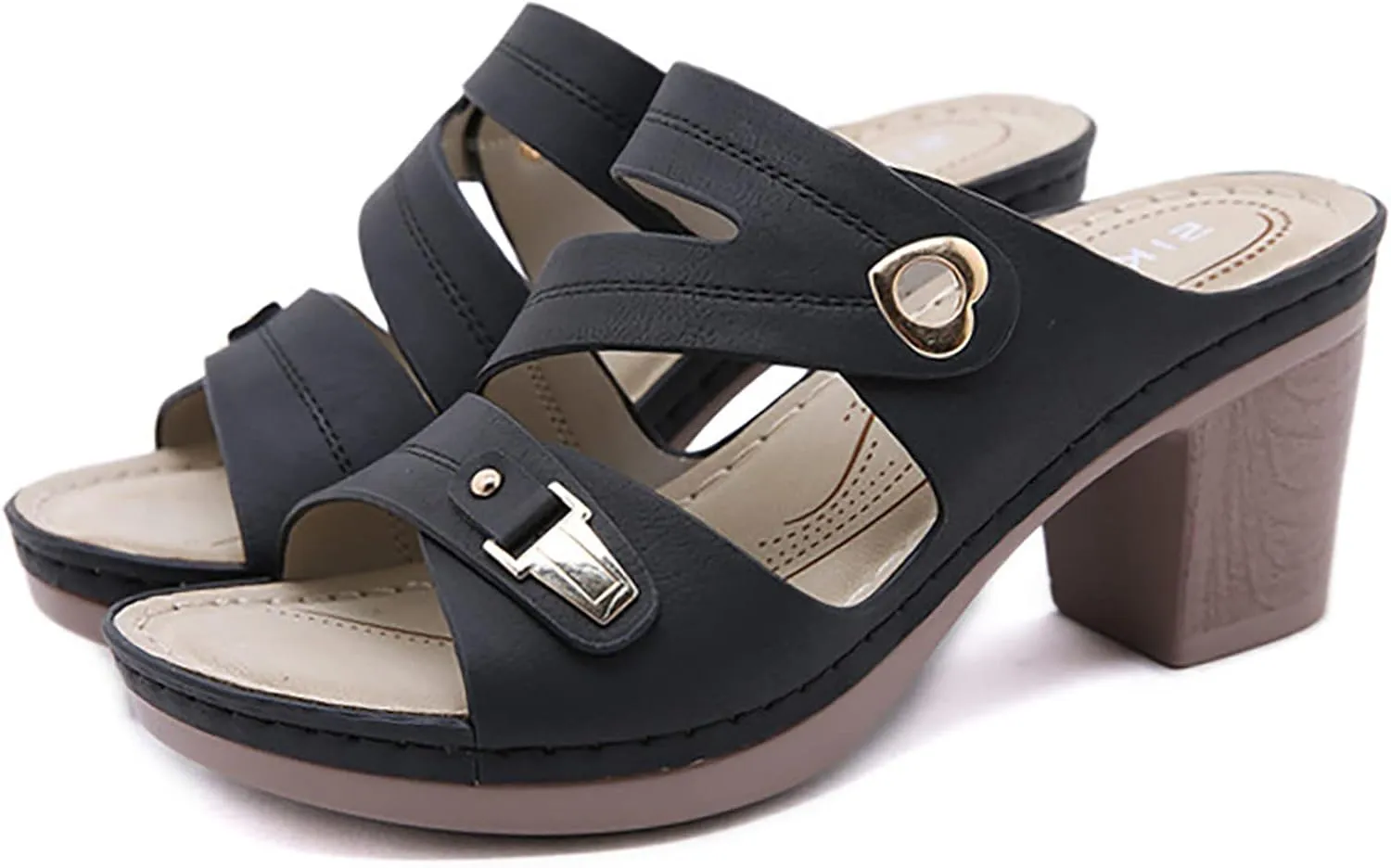 Women's Heeled Sandals Chunky Open Toe Low Block Heels Dressy Slides Comfy Slip On Womens Mid Ankle Strap Summer Sandal Comfortable Casual Slippers Dress Backless Mules Slide Walking Shoes