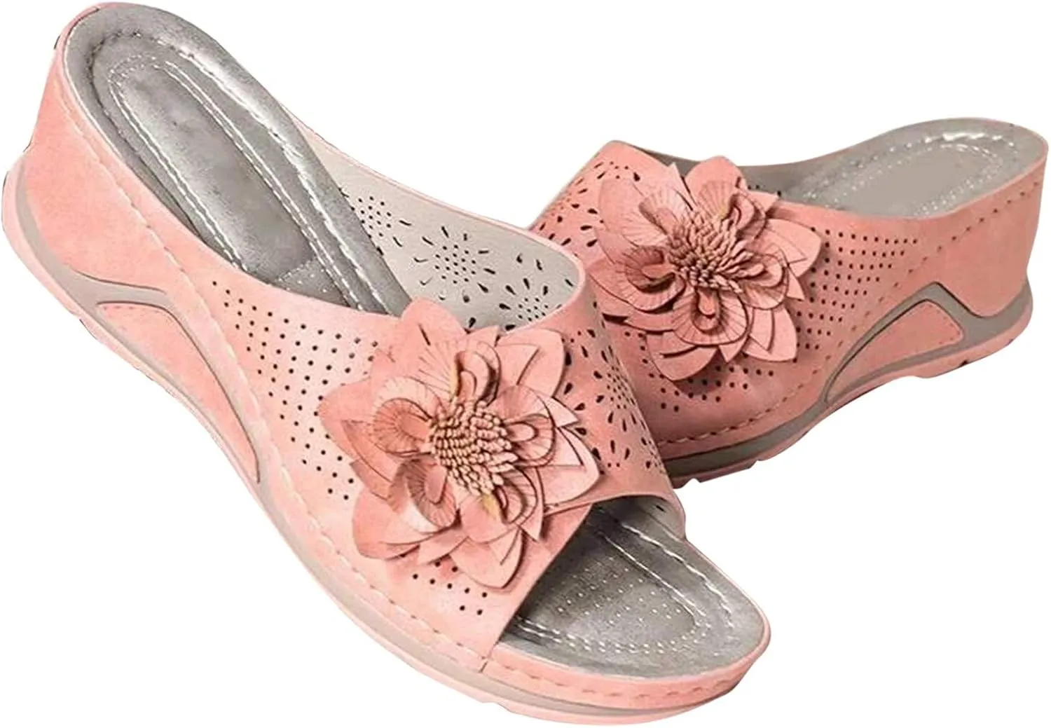 Womens Hollow Flower Wedge Sandals Mid Heel Wedges Platform Sandals for Women Ladies Fashion Summer Open Toe Buckle Wedge Shoes Casual Walking Sandal