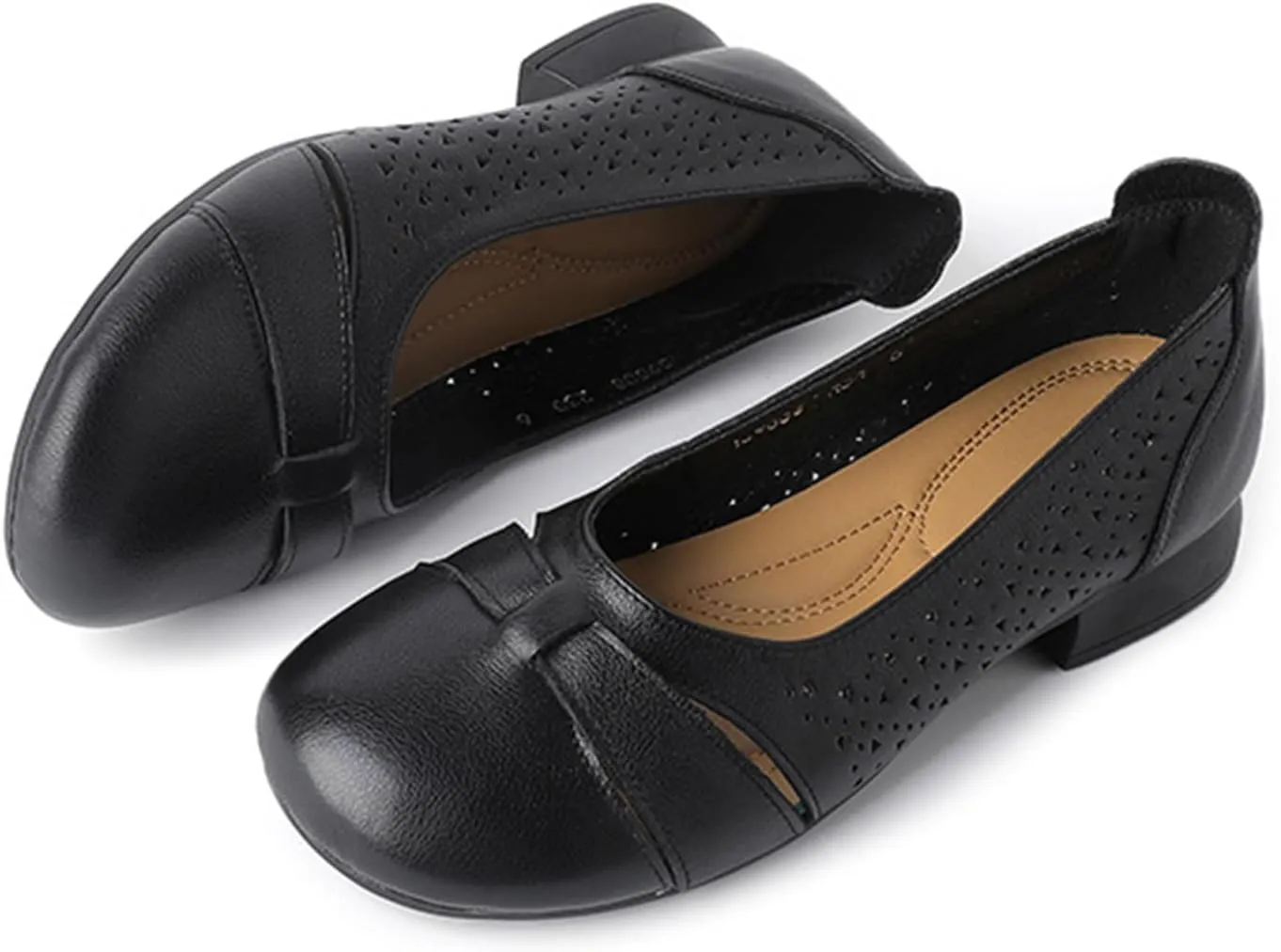 Women'S Hollow Leather Round Toe Soft Sole Loafers,Comfortable Non Slip Low Heel Casual Summer Shoes Slip Ons,Shallow Mouth Walking Driving Flats