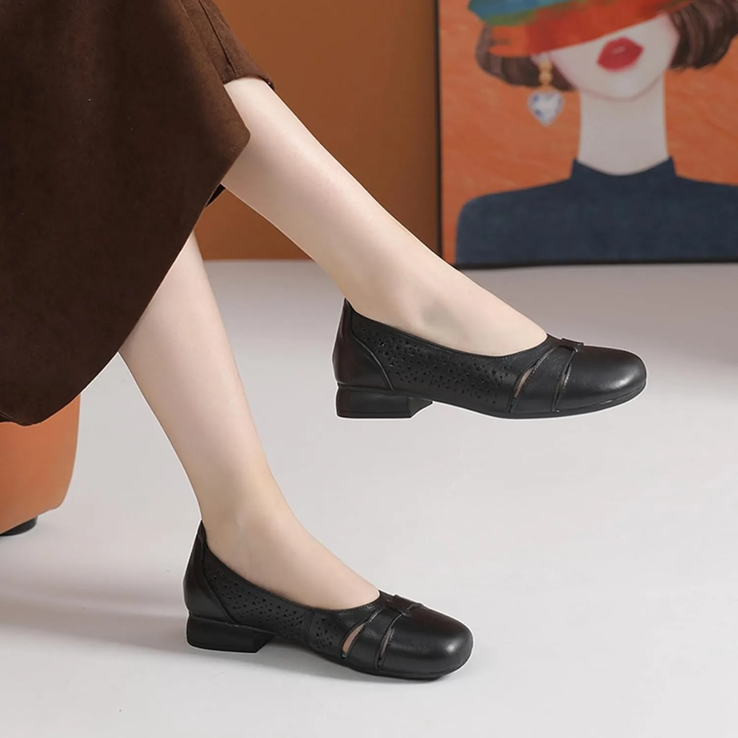 Women'S Hollow Leather Round Toe Soft Sole Loafers,Comfortable Non Slip Low Heel Casual Summer Shoes Slip Ons,Shallow Mouth Walking Driving Flats