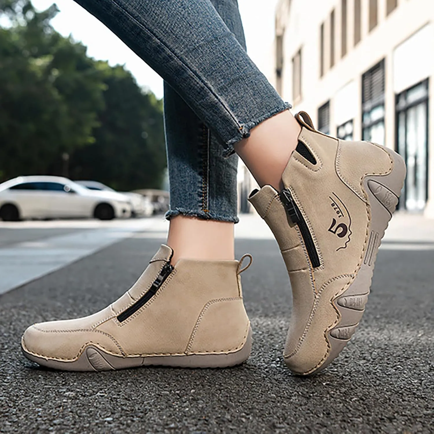 Women'S Leather Handmade Sneaker Ankle Boots Double side zippers Casual Lightweight Outdoor Walking Shoes For Hiking Camping Driving