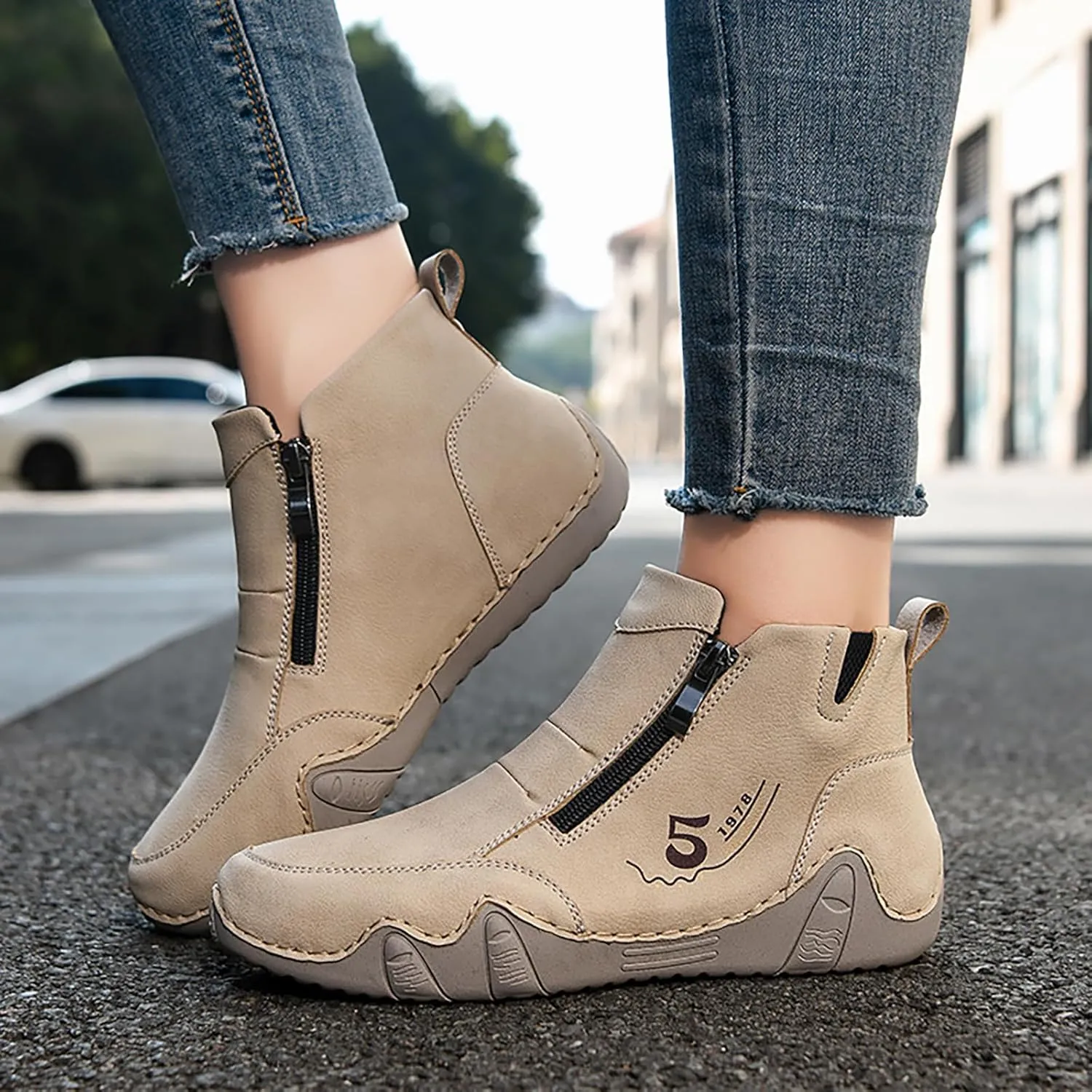 Women'S Leather Handmade Sneaker Ankle Boots Double side zippers Casual Lightweight Outdoor Walking Shoes For Hiking Camping Driving