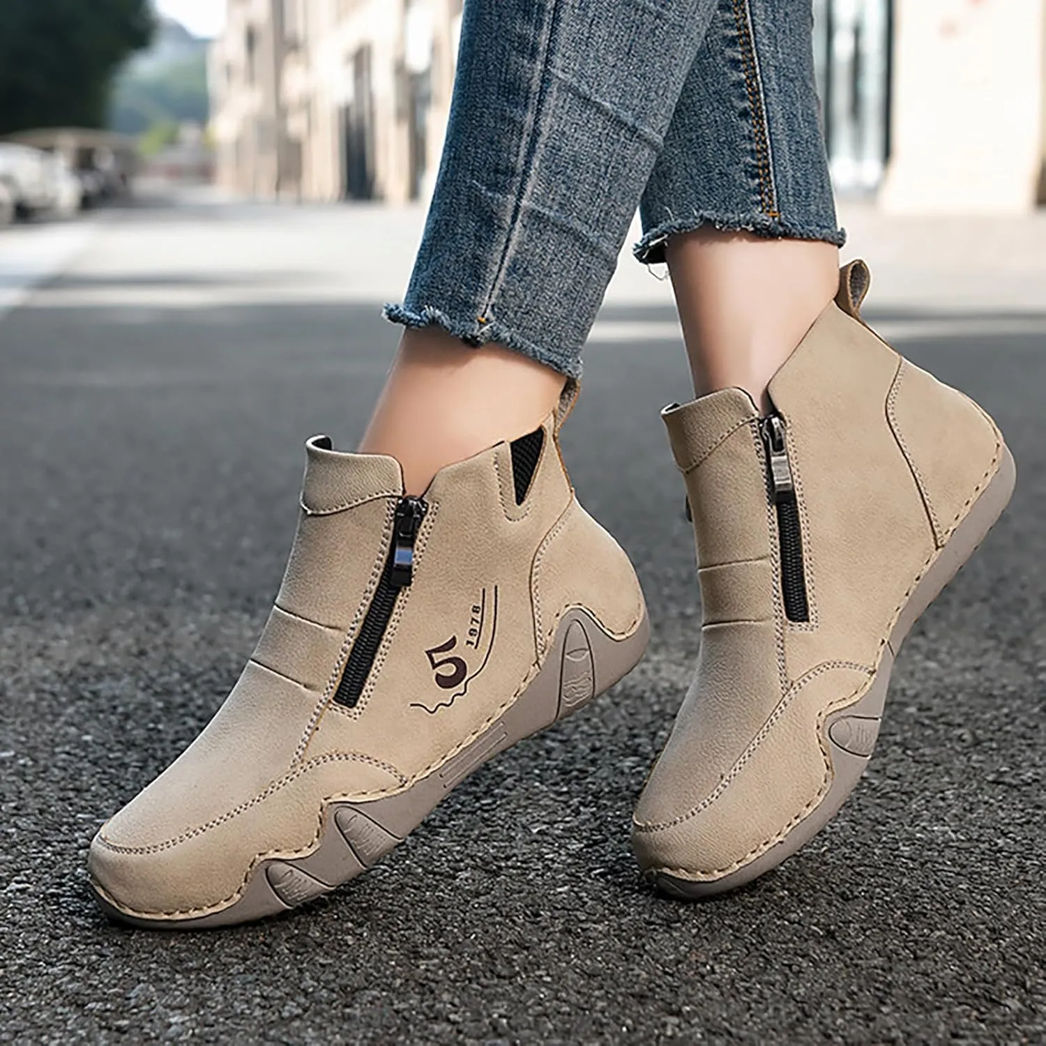 Women'S Leather Handmade Sneaker Ankle Boots Double side zippers Casual Lightweight Outdoor Walking Shoes For Hiking Camping Driving