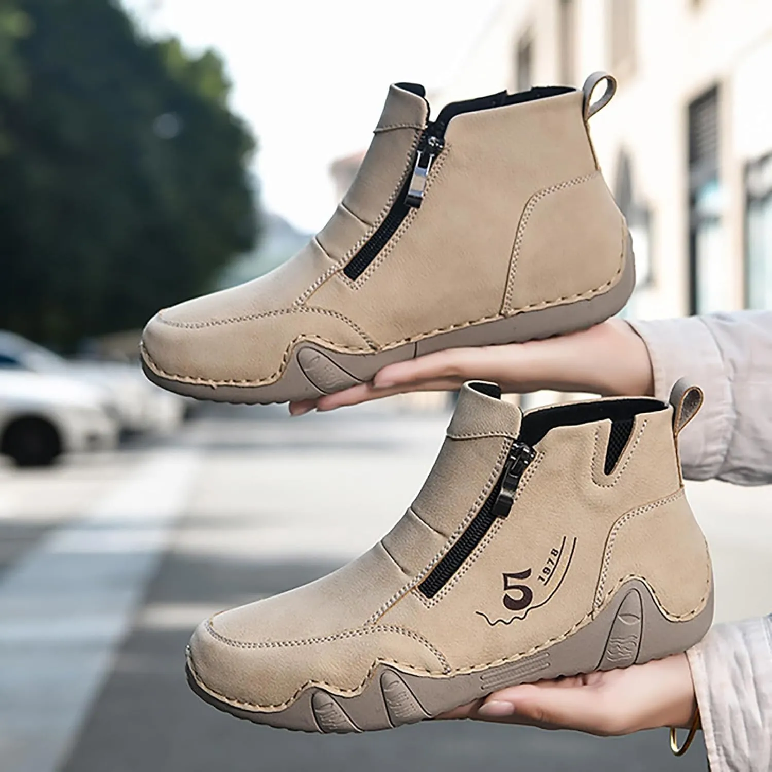 Women'S Leather Handmade Sneaker Ankle Boots Double side zippers Casual Lightweight Outdoor Walking Shoes For Hiking Camping Driving