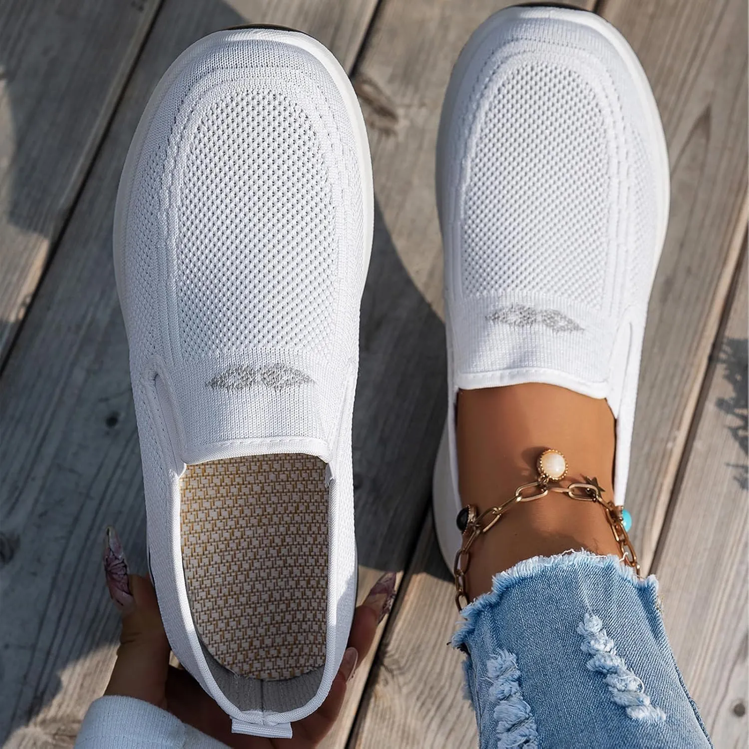 Womens Orthopedic Mesh Walking Shoes Loafers Arch Support Slip On Woven Low Top Outdoor Athletic Running Tennis Sneakers Cozy Basic Breathable Lightweight Wide Width Soft Comfy Sole Shoes Sneakers