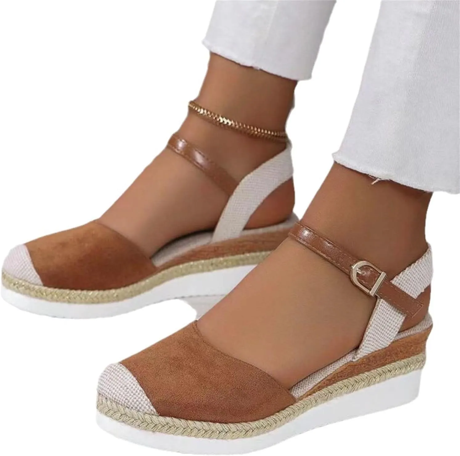 Womens Orthopedic Platform Wedge Sandals Summer Dressy Closed Toe Strappy Slip on Ankle Strap Espadrilles Sandals