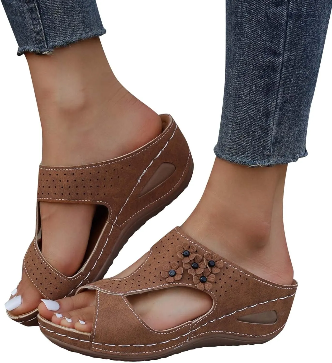 Women's Orthopedic Sandals Slip On Open Toe Flowers PU Wedge Platform Comfortable Arch Support Slippers