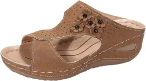 Women's Orthopedic Sandals Slip On Open Toe Flowers PU Wedge Platform Comfortable Arch Support Slippers
