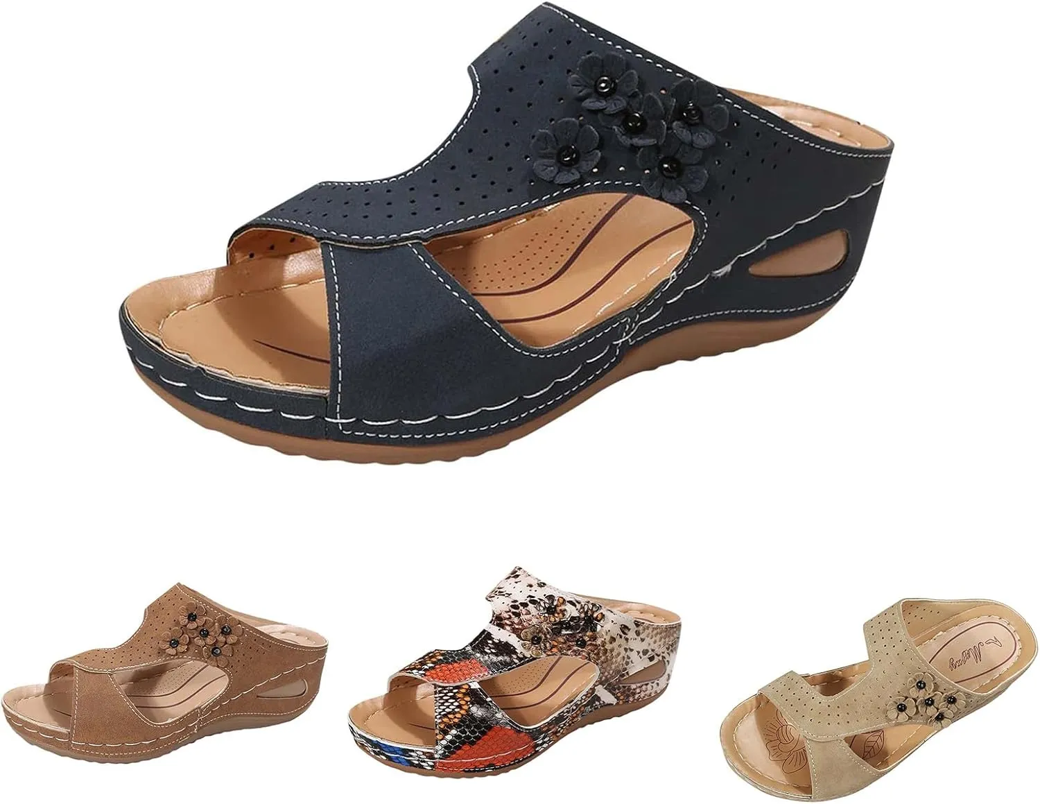Women's Orthopedic Sandals Slip On Open Toe Flowers PU Wedge Platform Comfortable Arch Support Slippers