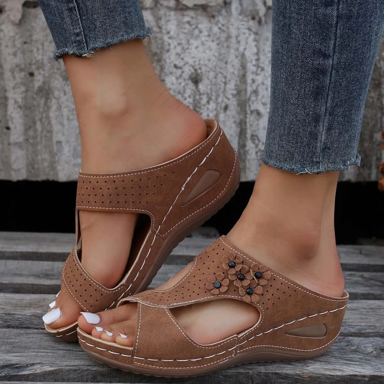 Women's Orthopedic Sandals Slip On Open Toe Flowers PU Wedge Platform Comfortable Arch Support Slippers