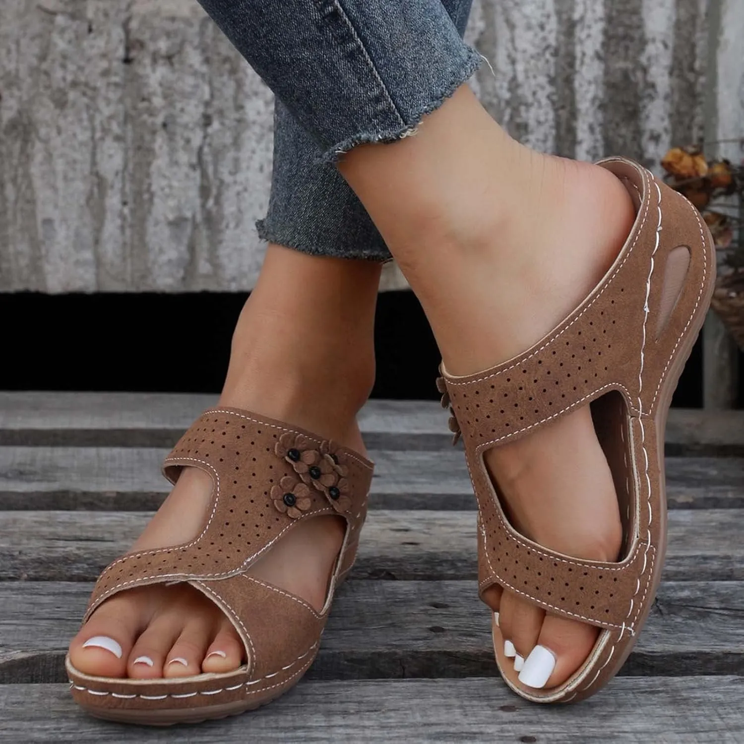 Women's Orthopedic Sandals Slip On Open Toe Flowers PU Wedge Platform Comfortable Arch Support Slippers