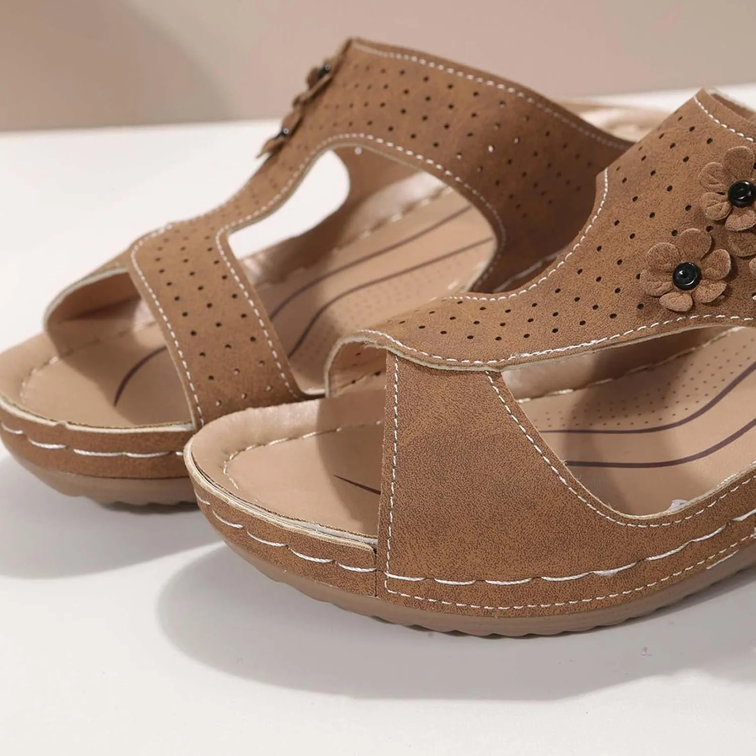 Women's Orthopedic Sandals Slip On Open Toe Flowers PU Wedge Platform Comfortable Arch Support Slippers