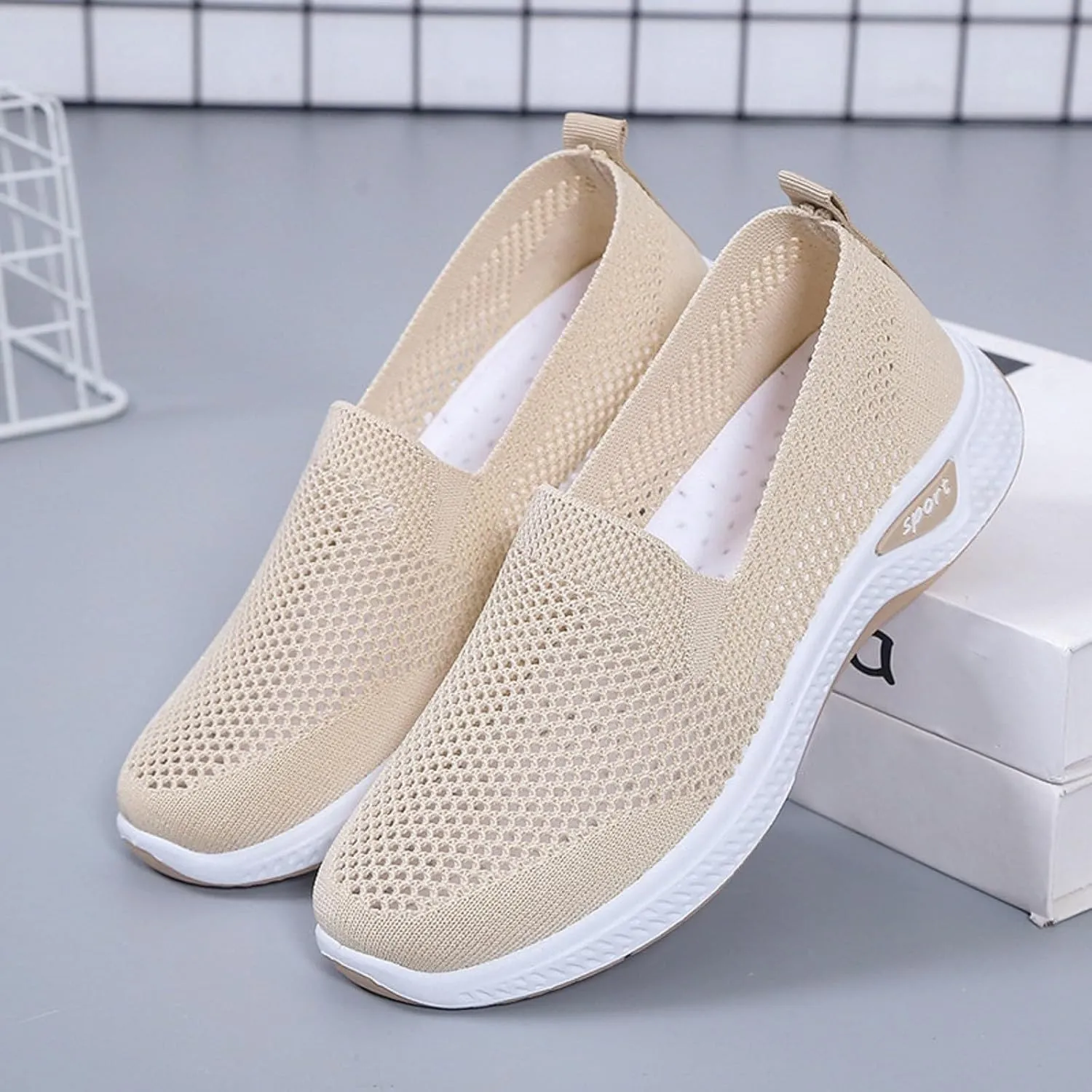 Womens Orthopedic Sneakers Slip on Walking Shoes Lightweight Comfortable Arch Support Sneaker Breathable Soft Woven Shoe Non-Slip Mesh Up Footwear