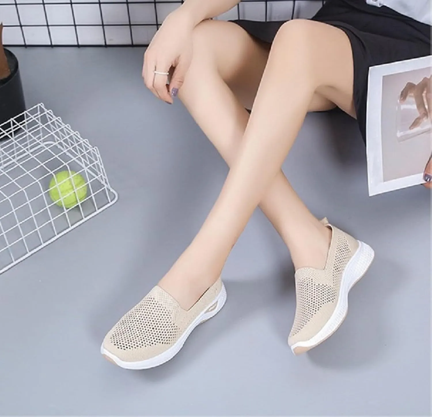 Womens Orthopedic Sneakers Slip on Walking Shoes Lightweight Comfortable Arch Support Sneaker Breathable Soft Woven Shoe Non-Slip Mesh Up Footwear
