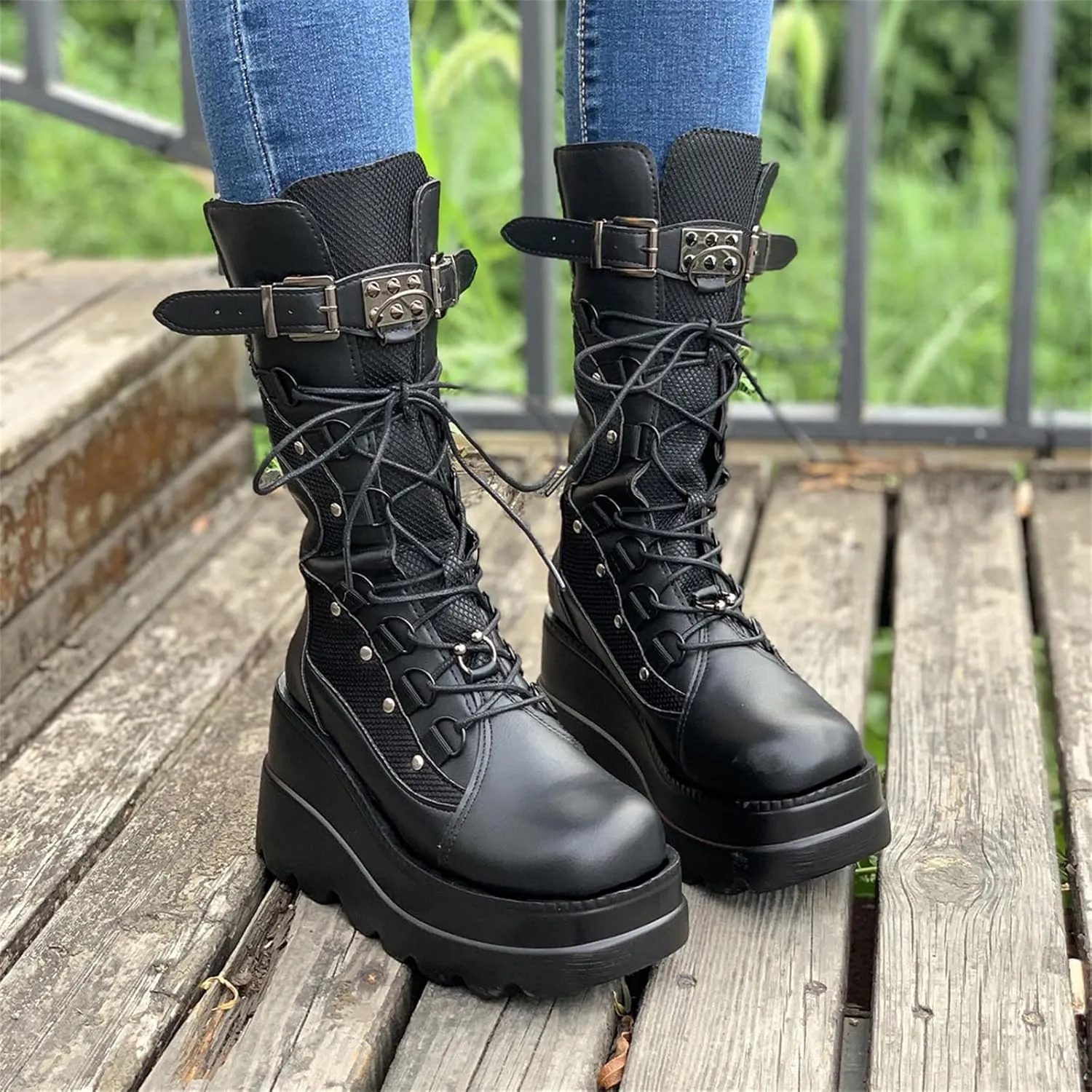 Women's Platform Mid Calf Boots Chunky High Heel Goth Combat Boots Zip & Lace Up Round Toe Wedge Motorcycle Boots