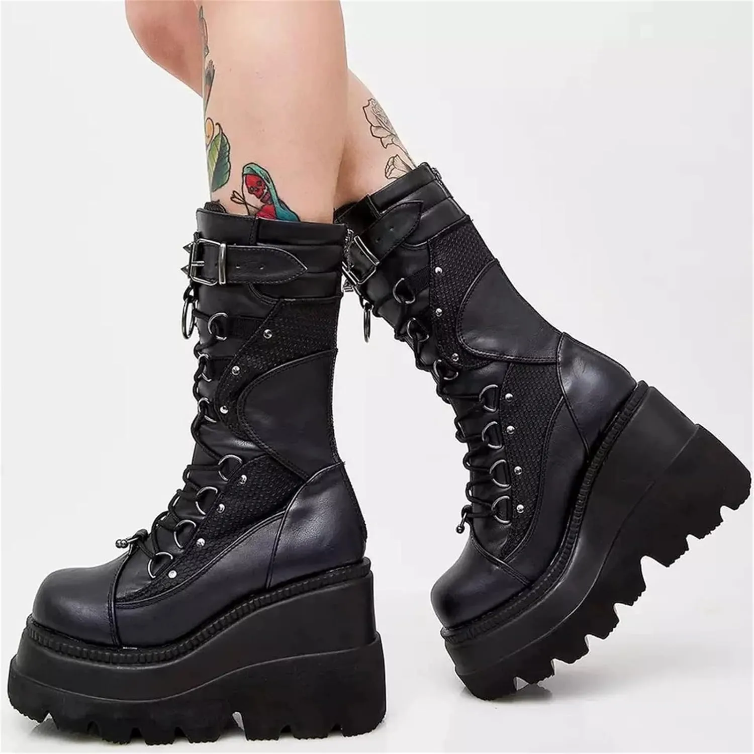 Women's Platform Mid Calf Boots Chunky High Heel Goth Combat Boots Zip & Lace Up Round Toe Wedge Motorcycle Boots