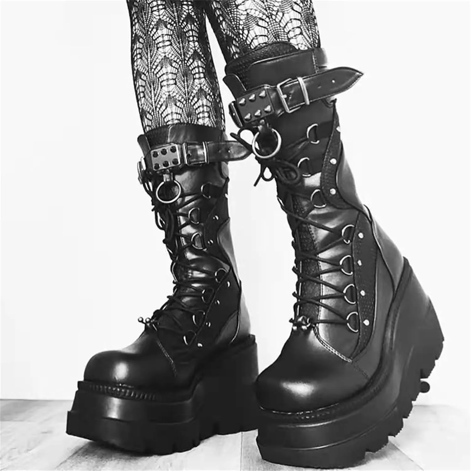Women's Platform Mid Calf Boots Chunky High Heel Goth Combat Boots Zip & Lace Up Round Toe Wedge Motorcycle Boots