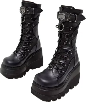 Women's Platform Mid Calf Boots Chunky High Heel Goth Combat Boots Zip & Lace Up Round Toe Wedge Motorcycle Boots