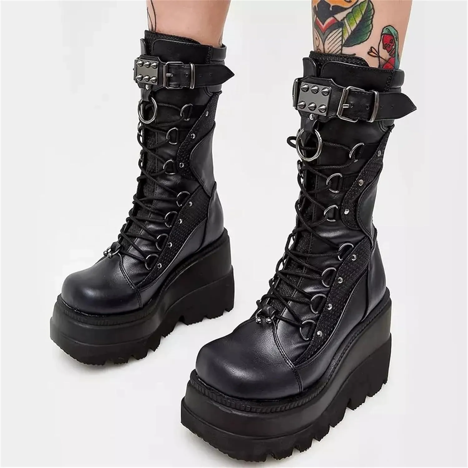 Women's Platform Mid Calf Boots Chunky High Heel Goth Combat Boots Zip & Lace Up Round Toe Wedge Motorcycle Boots