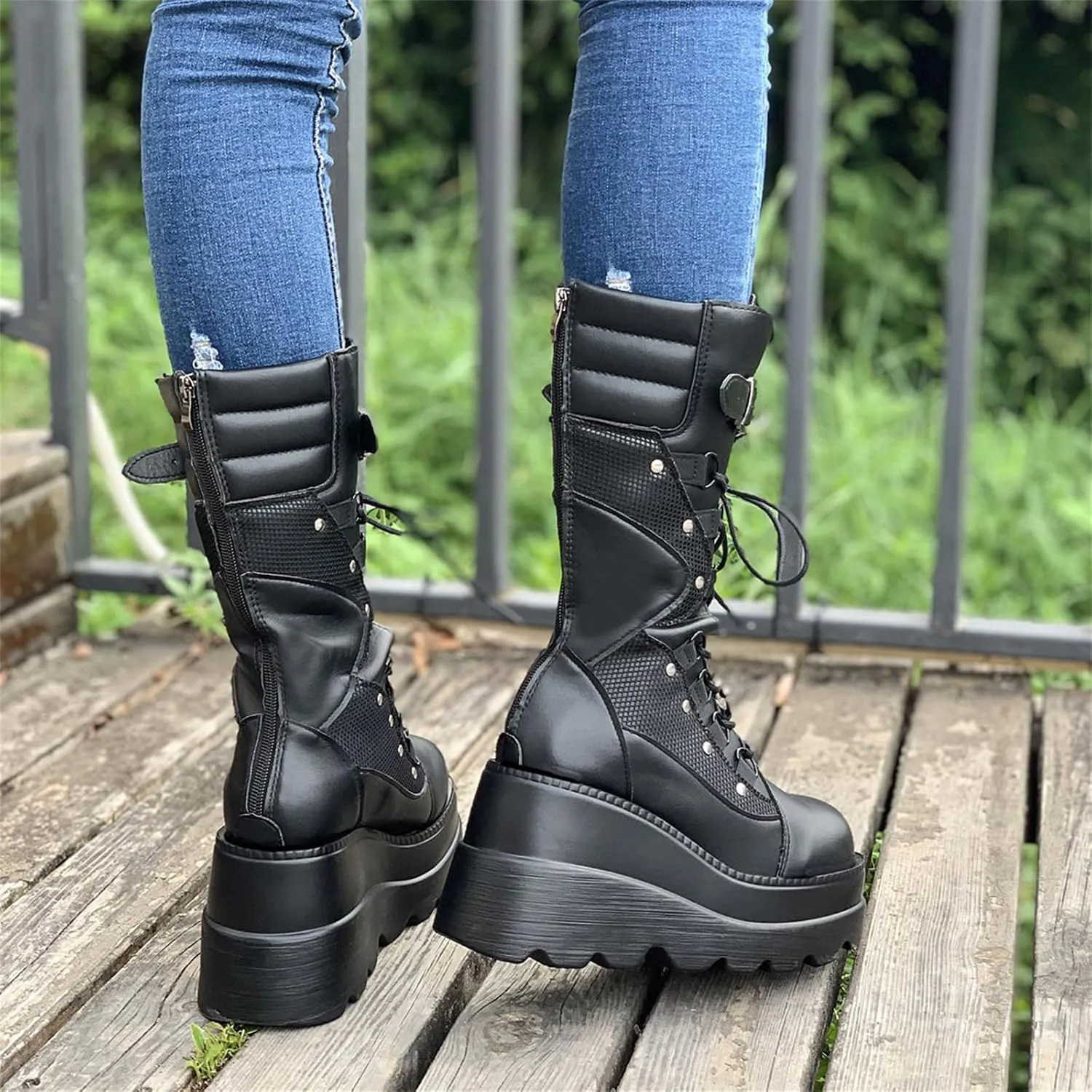 Women's Platform Mid Calf Boots Chunky High Heel Goth Combat Boots Zip & Lace Up Round Toe Wedge Motorcycle Boots