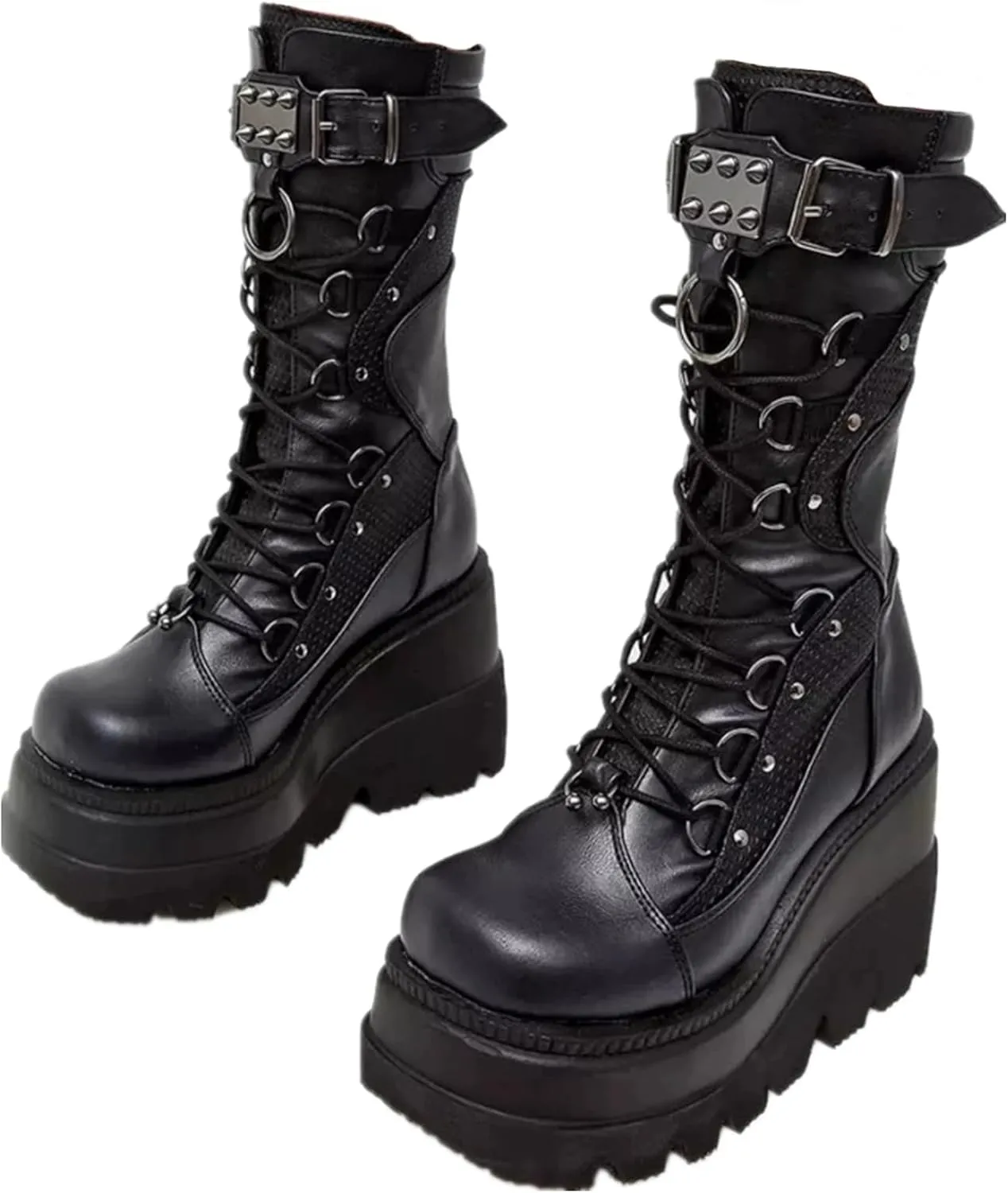Women's Platform Mid Calf Boots Chunky High Heel Goth Combat Boots Zip & Lace Up Round Toe Wedge Motorcycle Boots