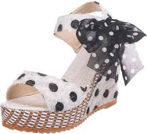 Women's Polka Dots Fish Toe Boho Wedge Sandals Elegant Printed Ankle Strap Bow Lace-up Espadrille Slip-On Platform Heel Sandals Ladies Summer High Heel Casual Shoes