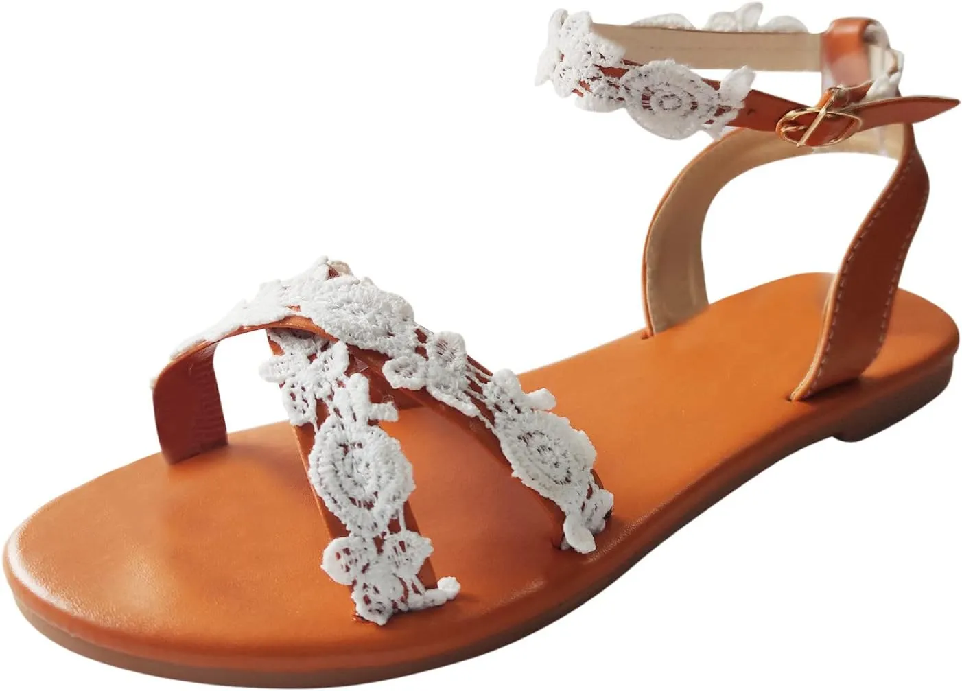 Womens Sandals ComfortableAnkle Strap Flat Sandals Summer Dressy Strappy Lace Flowers White Beach Slides for Women