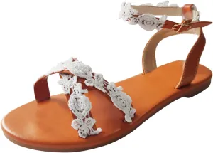 Womens Sandals ComfortableAnkle Strap Flat Sandals Summer Dressy Strappy Lace Flowers White Beach Slides for Women