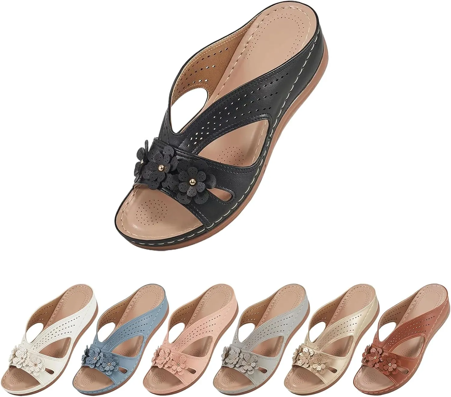 Womens Sandals Dressy Summer Hollow Out Orthopedic Sandals Casual Arch Support Slip On Low Heels Slippers
