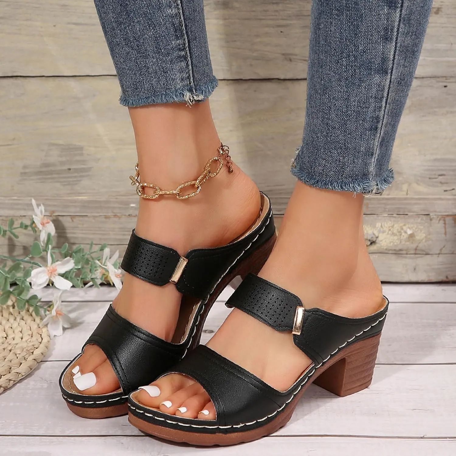 Womens Sandals Open Toe Block Heel Sandals Summer Dressy Slip on Wedge Sandal Comfortable Orthotic Arch Support Shoes Adjustable Ankle Strap Beach Walking Shoes