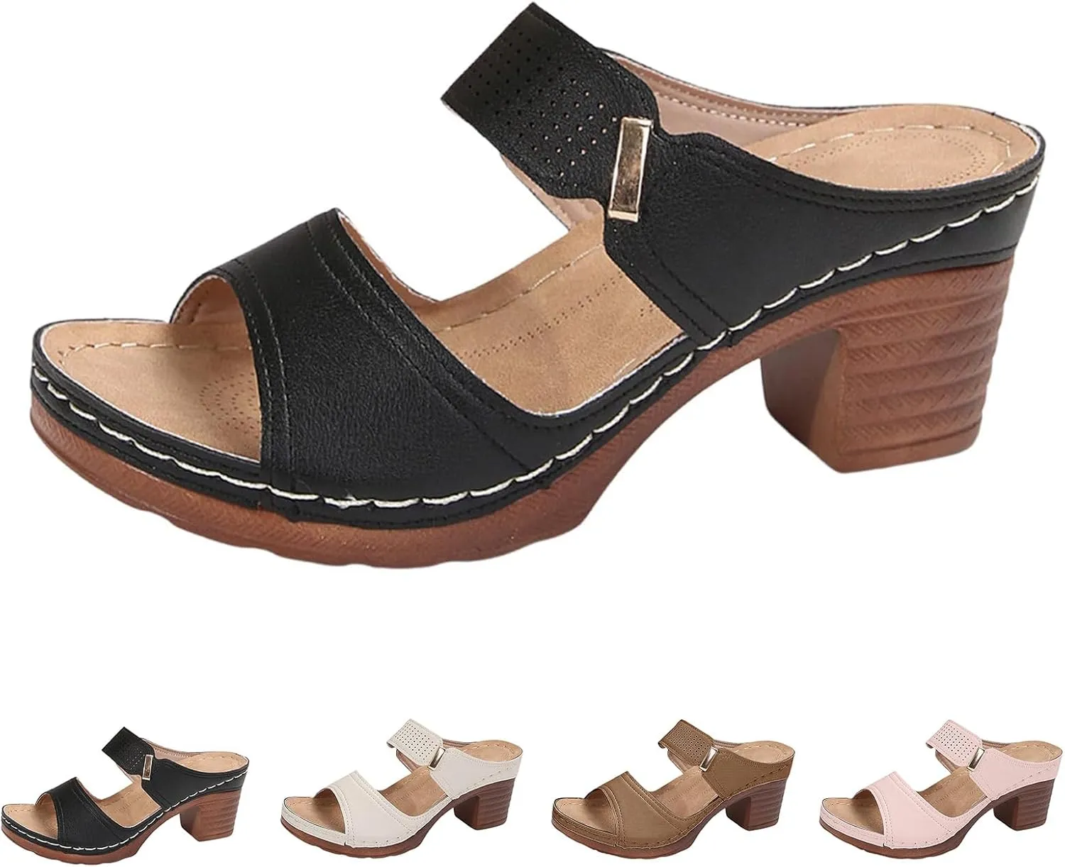 Womens Sandals Open Toe Block Heel Sandals Summer Dressy Slip on Wedge Sandal Comfortable Orthotic Arch Support Shoes Adjustable Ankle Strap Beach Walking Shoes