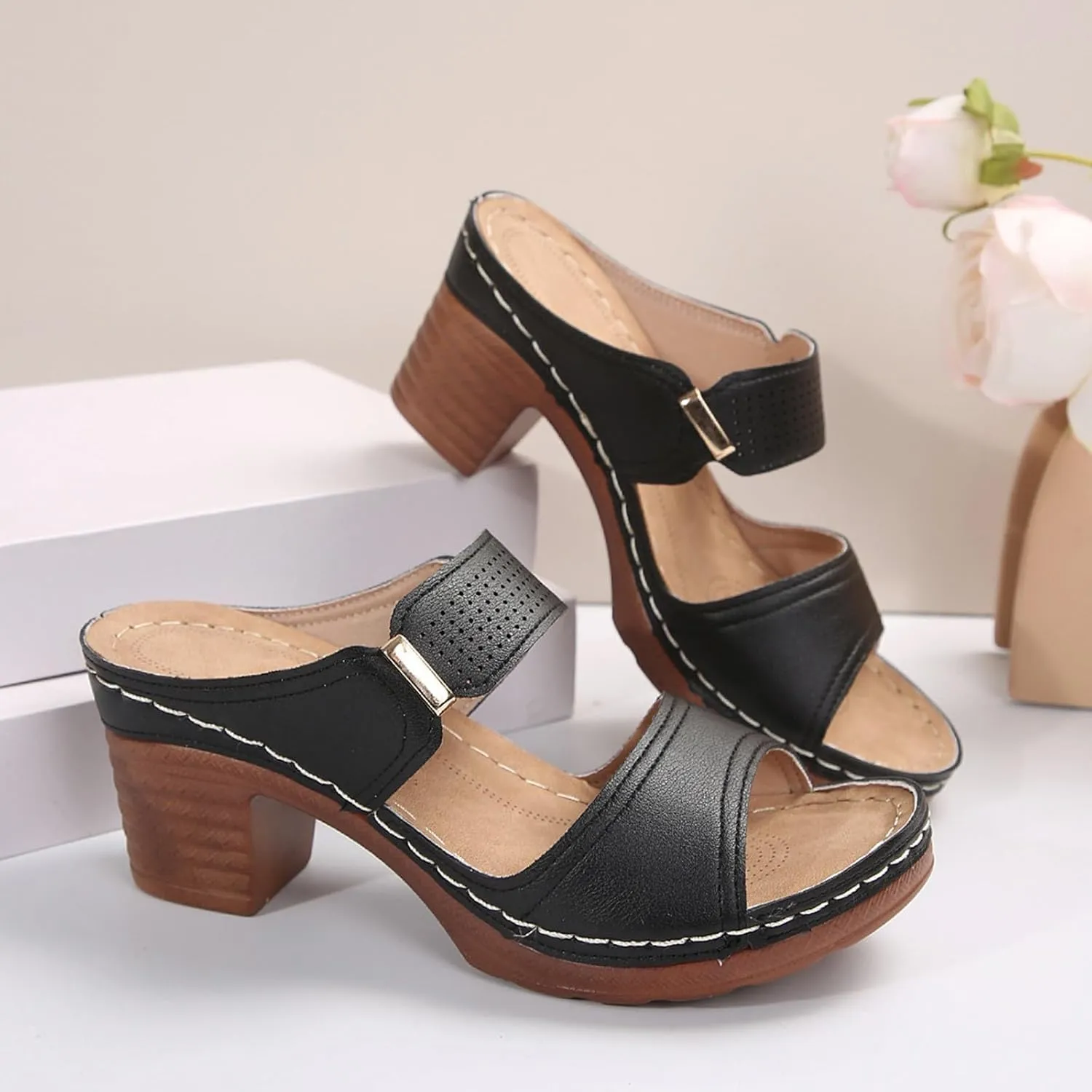 Womens Sandals Open Toe Block Heel Sandals Summer Dressy Slip on Wedge Sandal Comfortable Orthotic Arch Support Shoes Adjustable Ankle Strap Beach Walking Shoes