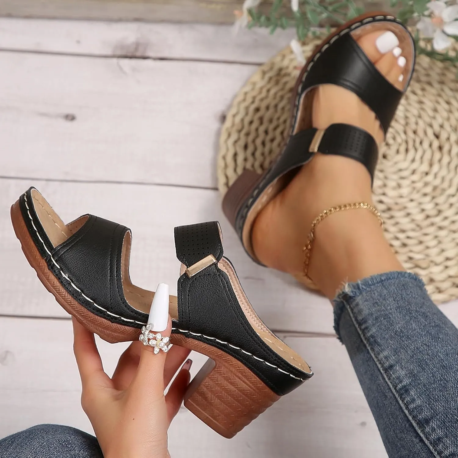 Womens Sandals Open Toe Block Heel Sandals Summer Dressy Slip on Wedge Sandal Comfortable Orthotic Arch Support Shoes Adjustable Ankle Strap Beach Walking Shoes
