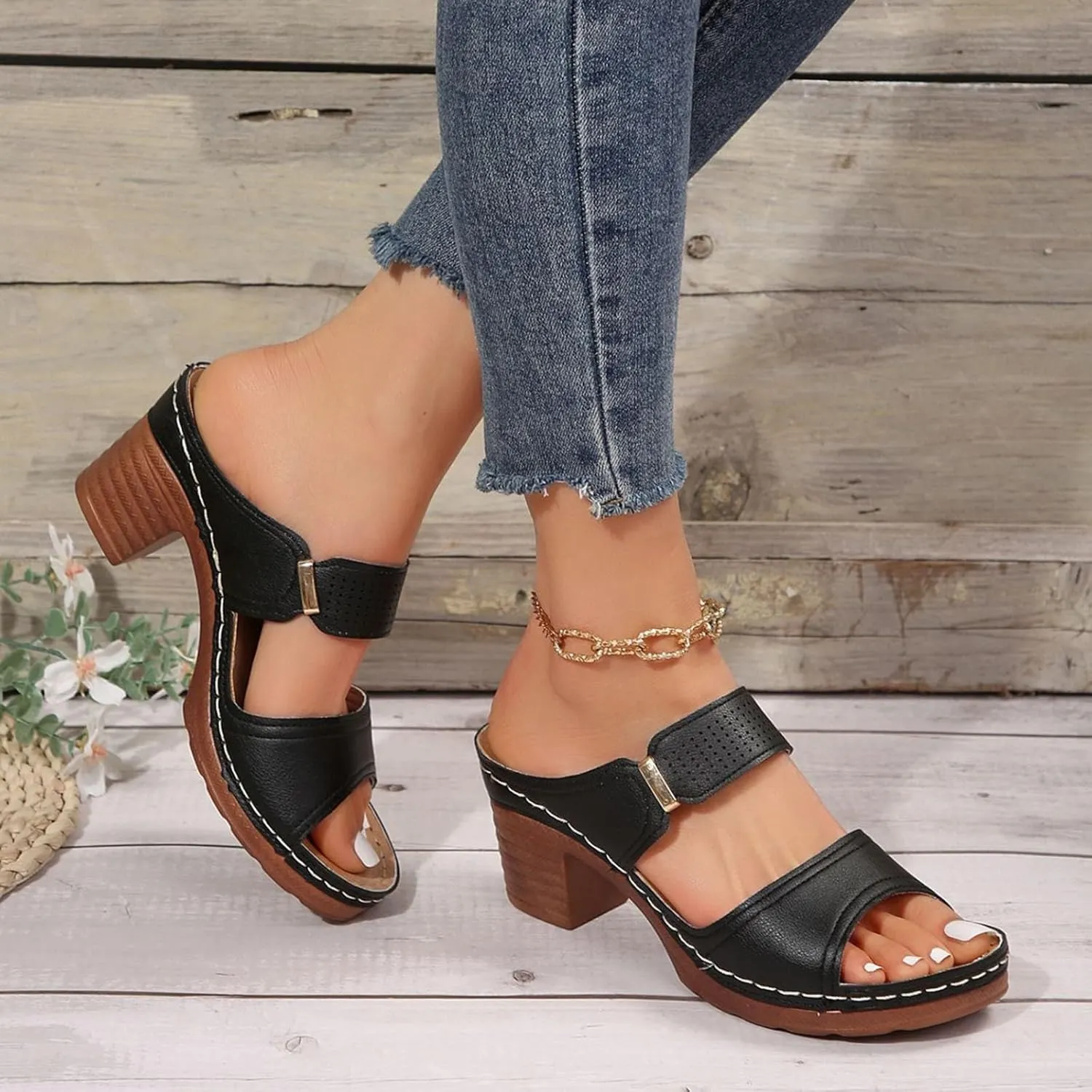 Womens Sandals Open Toe Block Heel Sandals Summer Dressy Slip on Wedge Sandal Comfortable Orthotic Arch Support Shoes Adjustable Ankle Strap Beach Walking Shoes