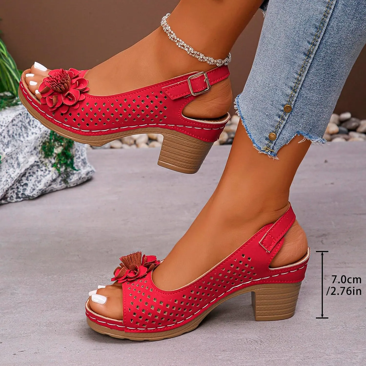 Women's Sandals Summer Open Toe Ankle Buckle Heel Cut Out Vamp Peep Toe Sandals Slingback Casual Solid Color Hollow Out Floral Sandal Dressy Wedding Dance Shoes 2025