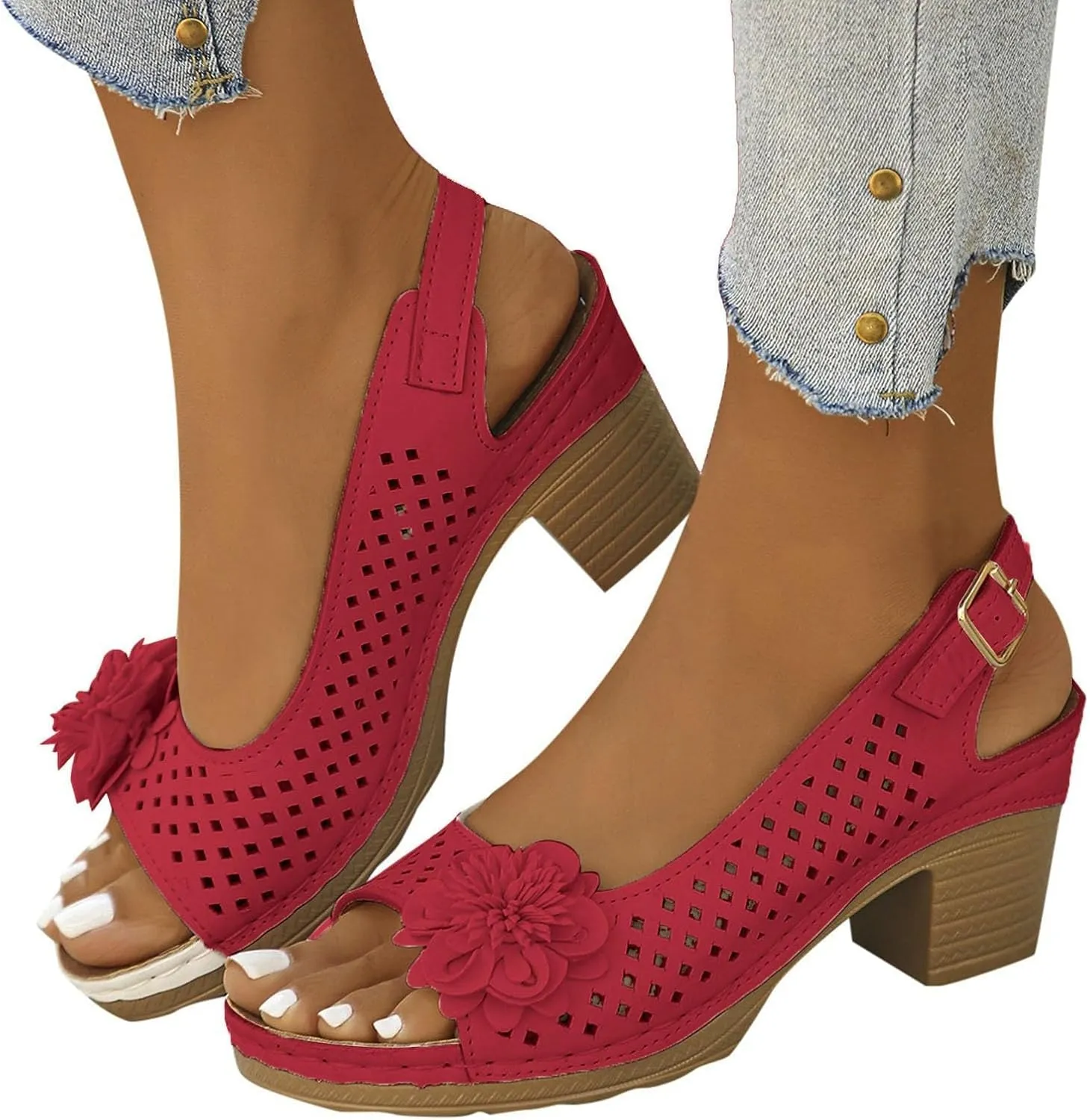 Women's Sandals Summer Open Toe Ankle Buckle Heel Cut Out Vamp Peep Toe Sandals Slingback Casual Solid Color Hollow Out Floral Sandal Dressy Wedding Dance Shoes 2025