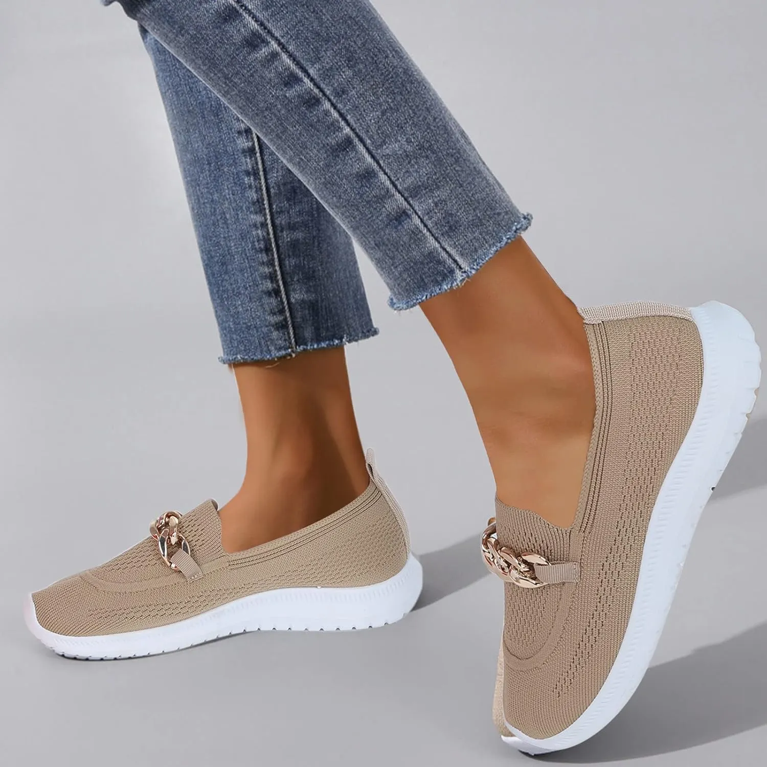 Womens Slip on Chain Decorative Casual Sport Shoes Woven Comfortable Breathable Lighweight Sneakers for Alll Day Wear Soft Sole Outdoor Walking Shoes for Women