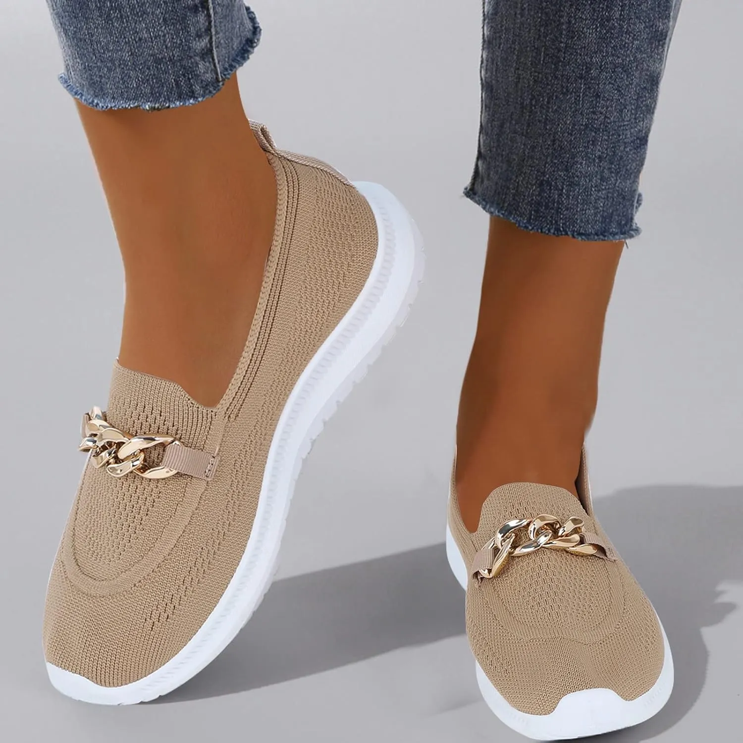 Womens Slip on Chain Decorative Casual Sport Shoes Woven Comfortable Breathable Lighweight Sneakers for Alll Day Wear Soft Sole Outdoor Walking Shoes for Women